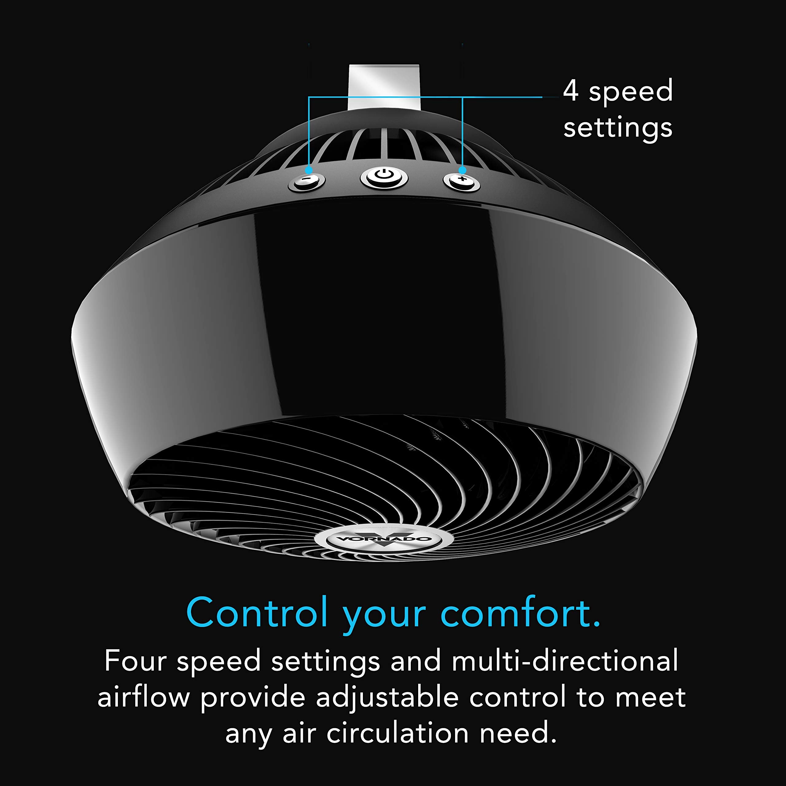 Vornado 560 control panel displaying four speed options for customized comfort.