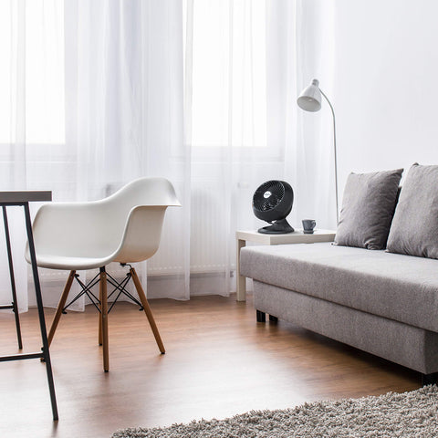 Vornado 560 side view with chrome glide bar for directional airflow.