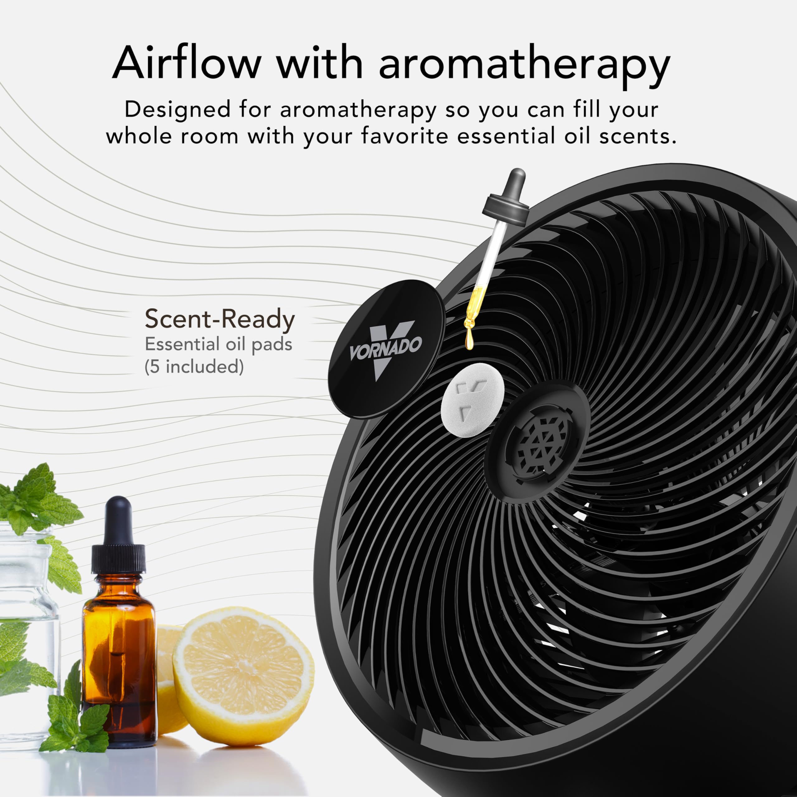 Vornado 753 OSC aromatherapy scent pad adds calming scent to a bedroom setup.