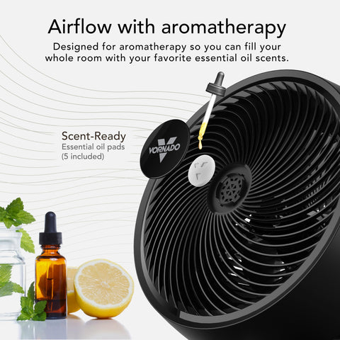 Vornado 753 OSC aromatherapy scent pad adds calming scent to a bedroom setup.