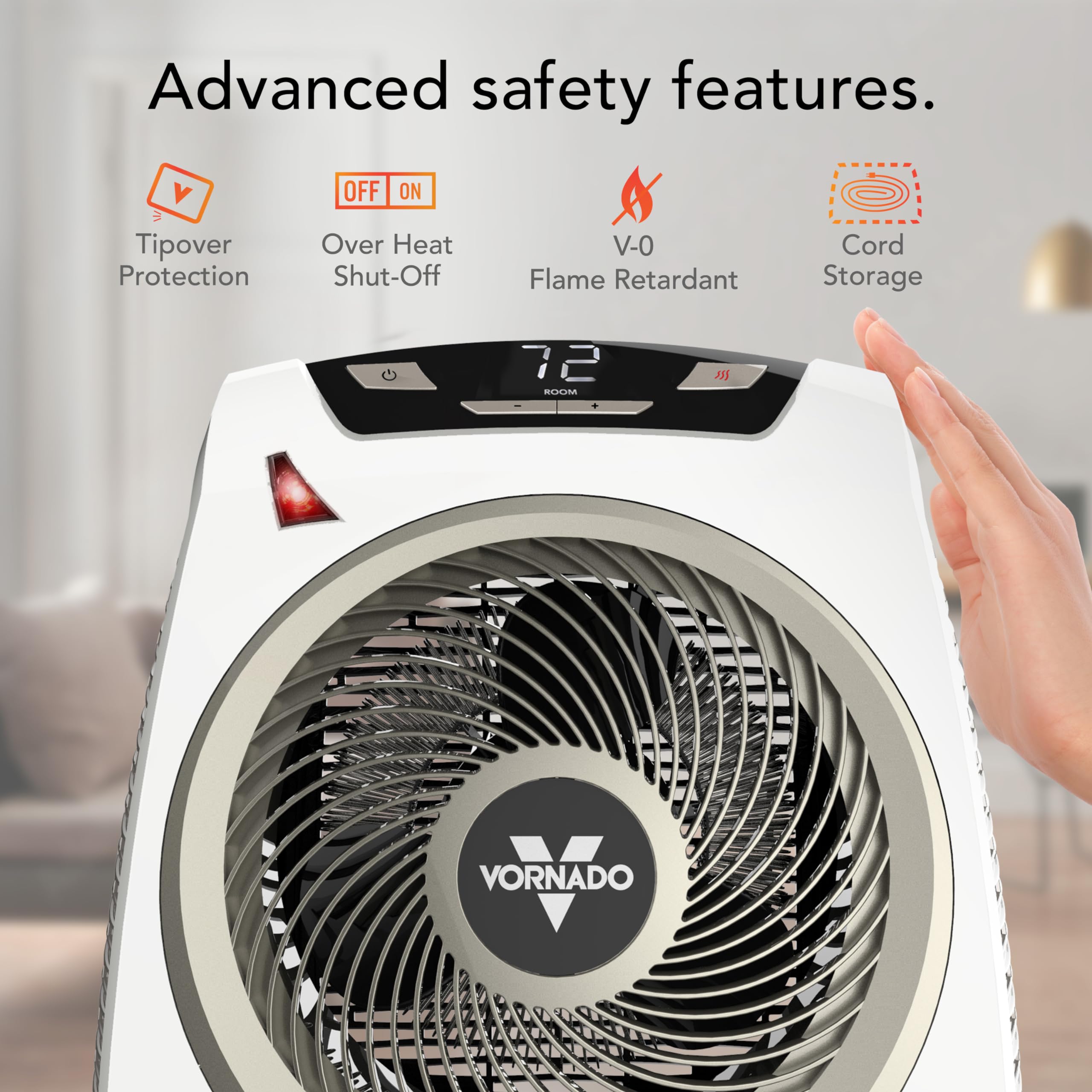 Vornado AVH10 cool-touch exterior supports safe placement in rooms.
