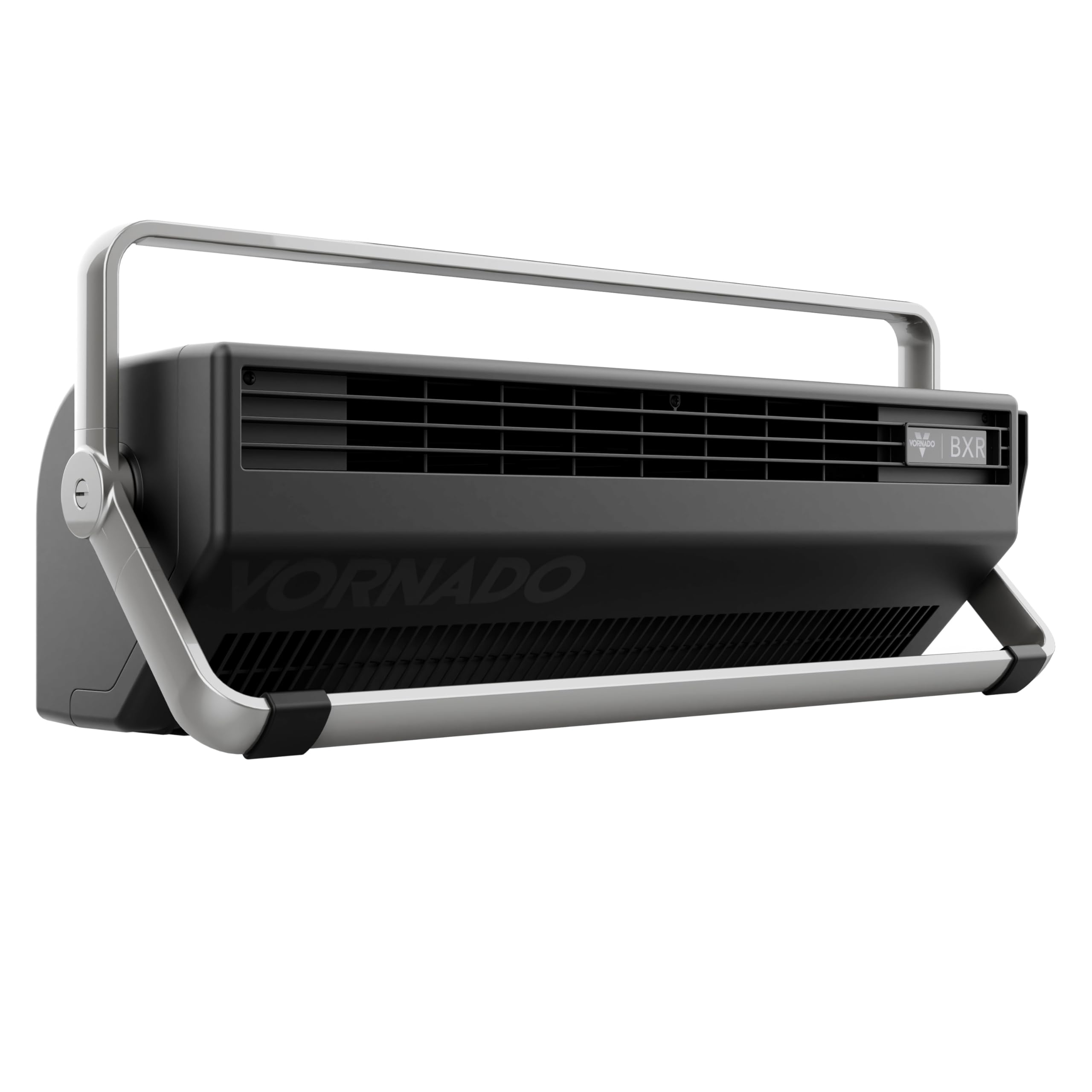 Vornado BXR horizontal fan with pivoting handle enabling multidirectional airflow.