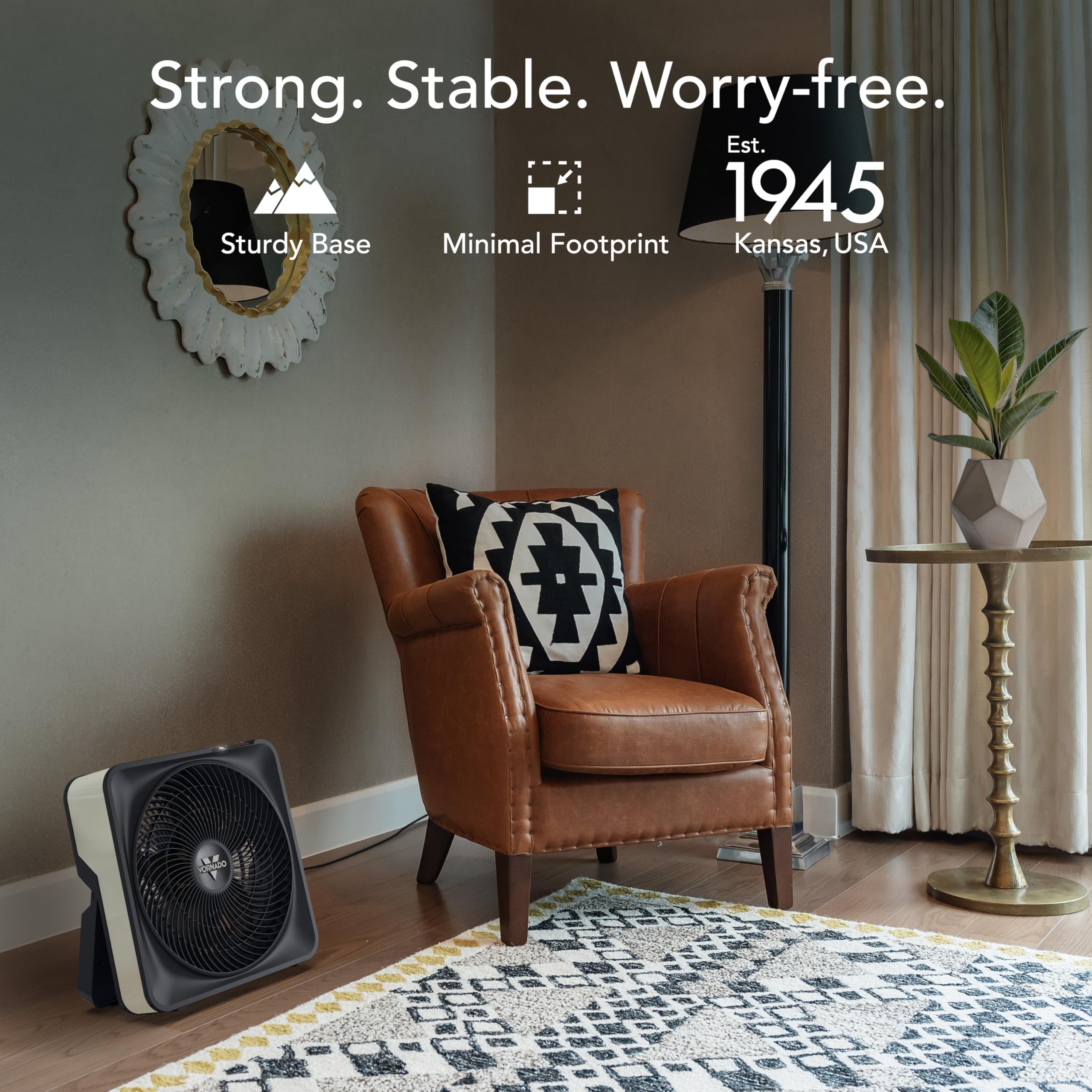 Vornado Model 80X sturdy floor fan design for bedrooms and living rooms.