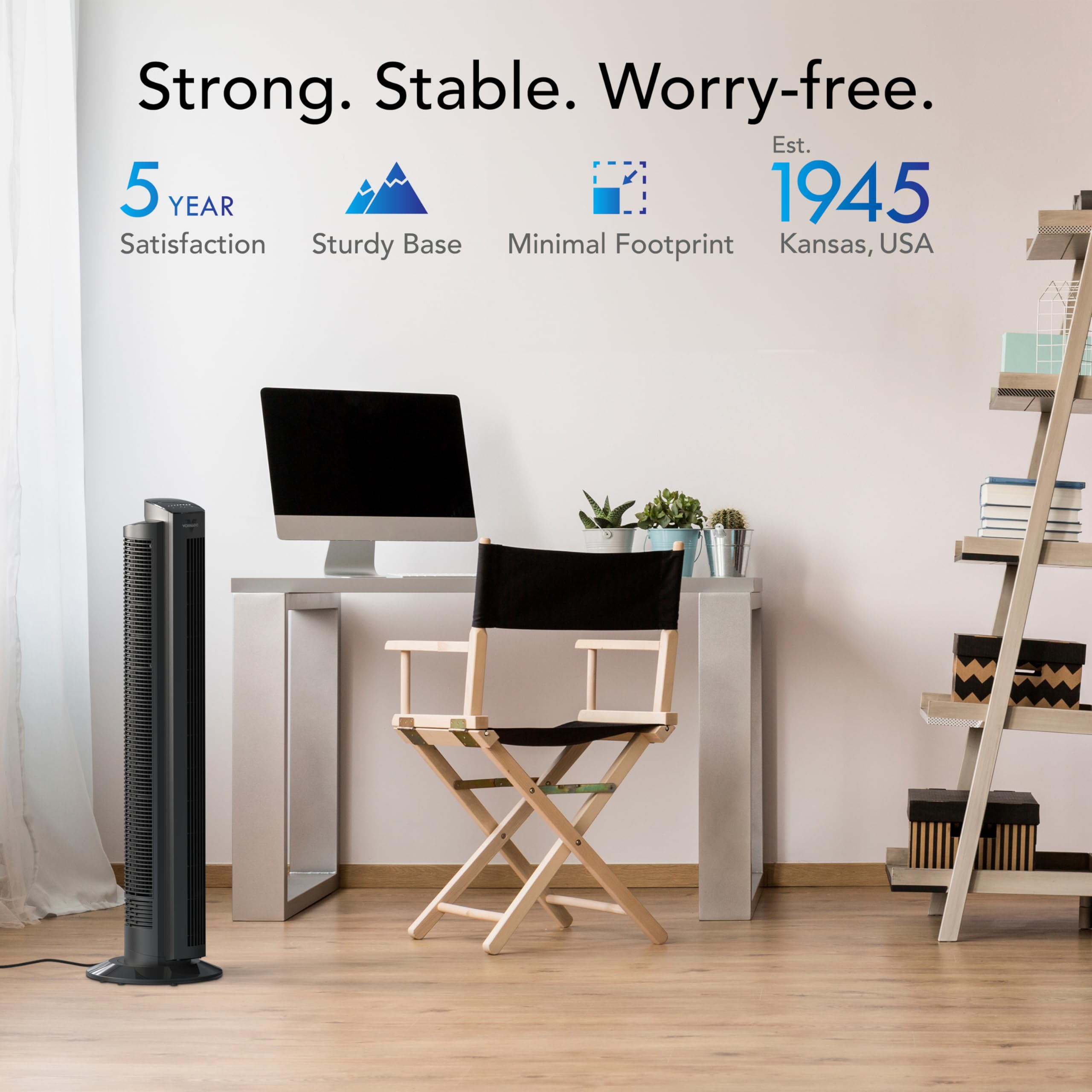 Vornado OZI42 placed in a living room delivering quiet operation day and night.