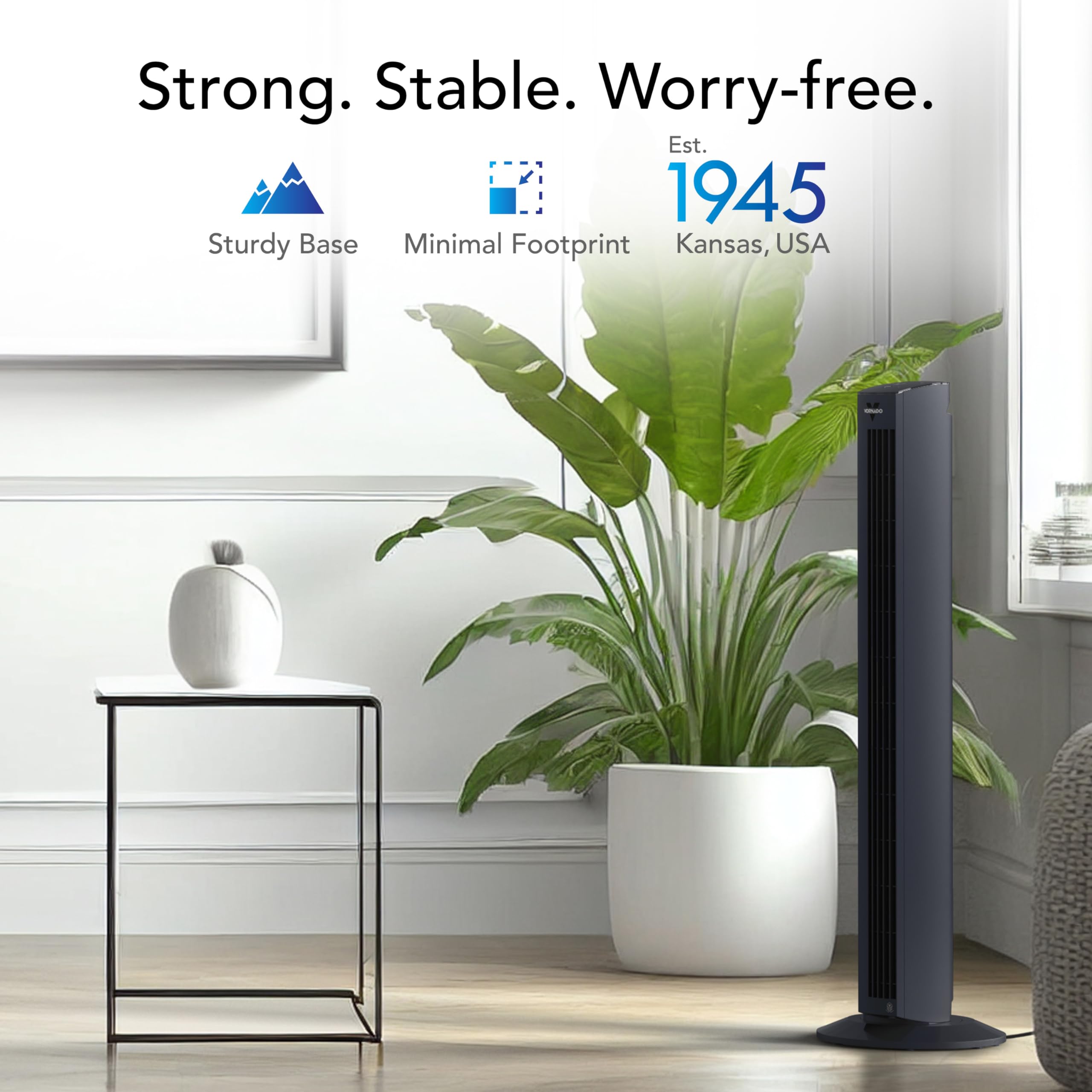 Vornado OZI42DC tower fan in black finish enhances modern spaces.