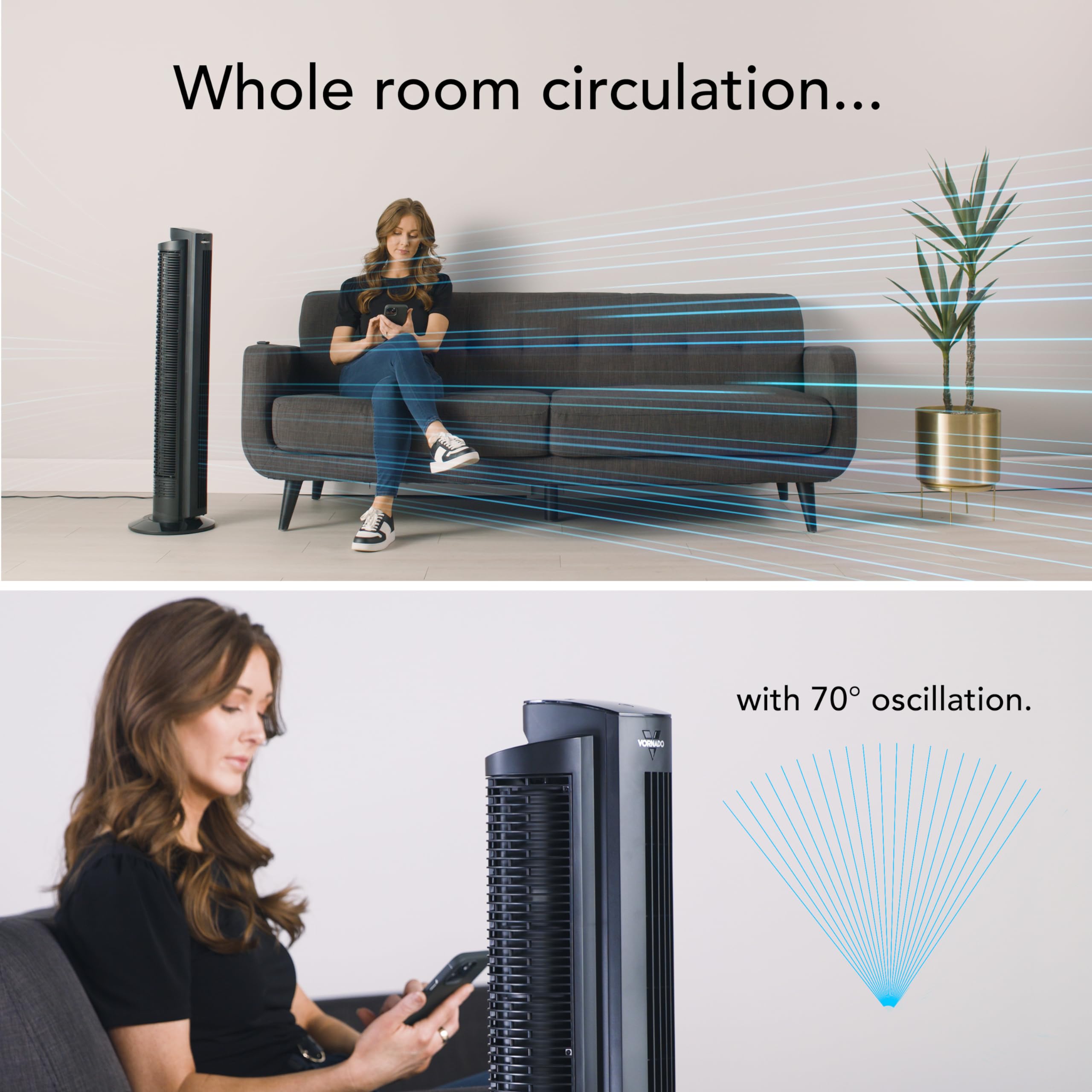 Vornado OZI42DC with 70° oscillation evenly distributes air across rooms.