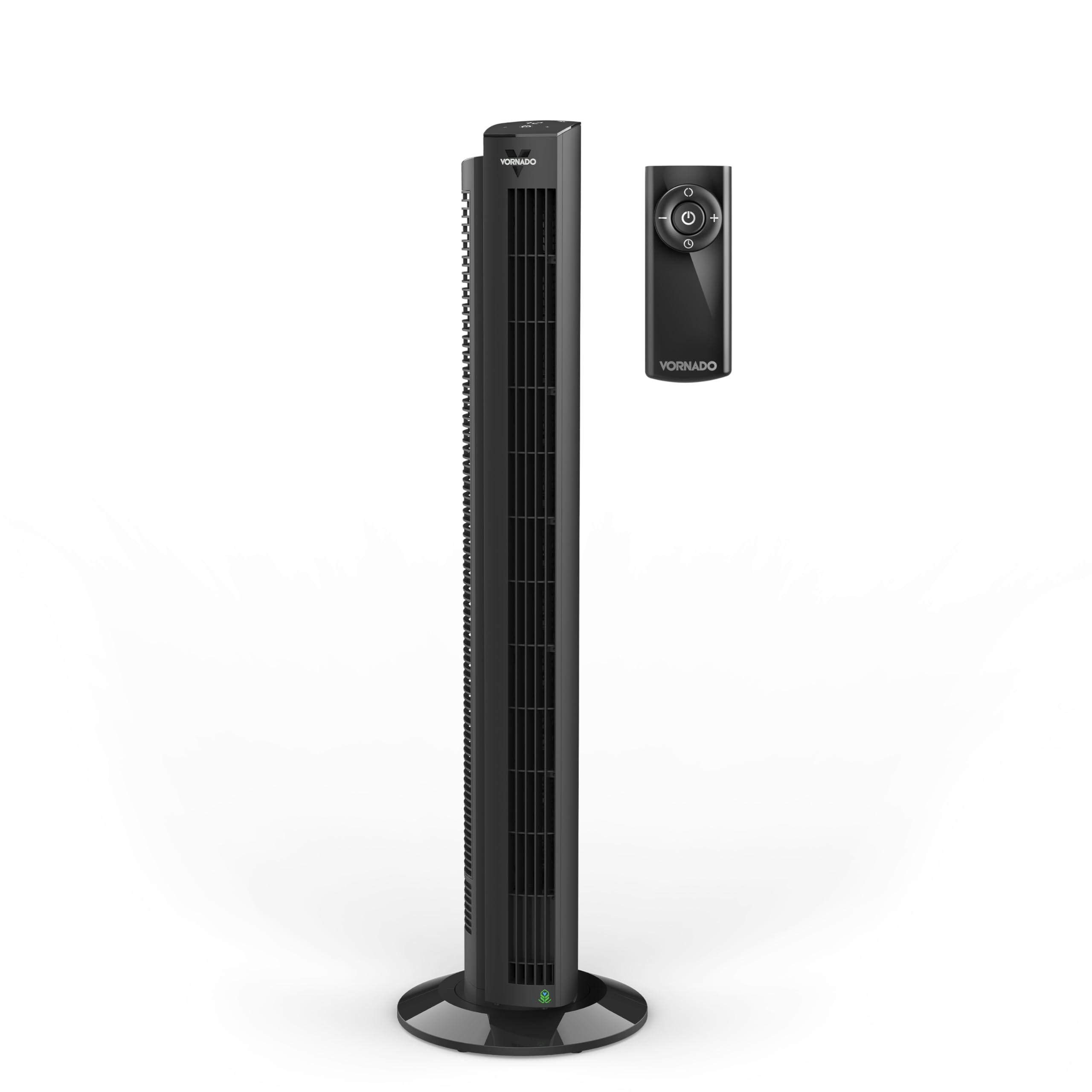 Vornado OZI42DC tower fan with remote control delivering easy, room-wide cooling.