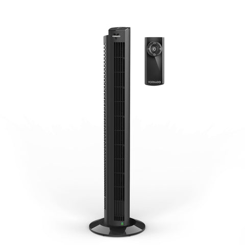 Vornado OZI42DC tower fan with remote control delivering easy, room-wide cooling.