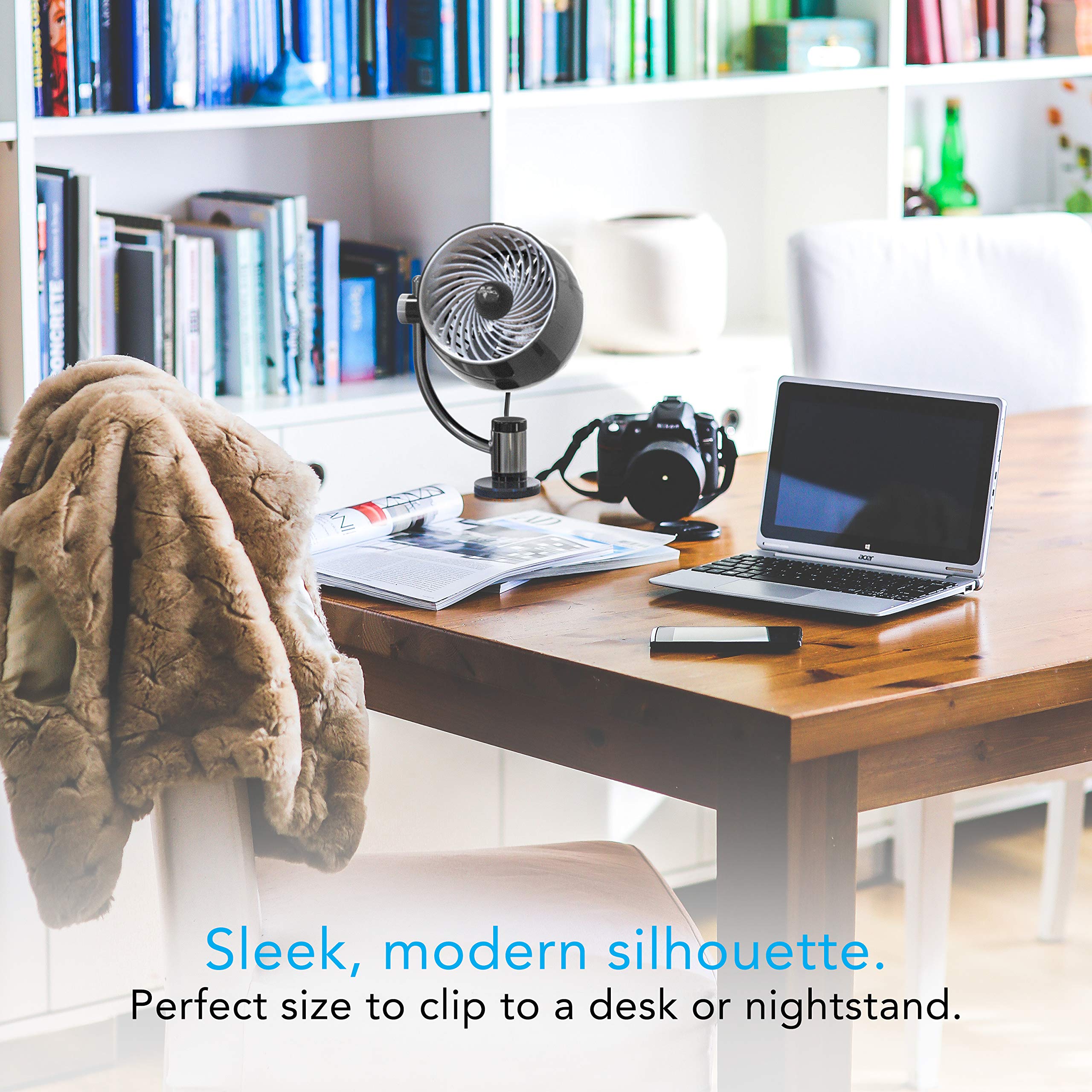 Vornado Pivot3 Clip shows a 360-degree axis for versatile airflow direction.