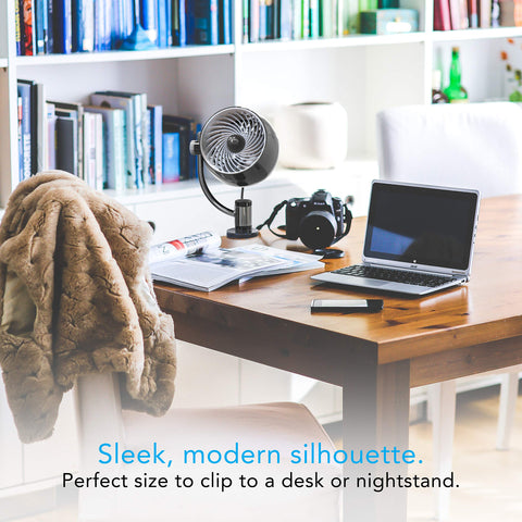 Vornado Pivot3 Clip shows a 360-degree axis for versatile airflow direction.