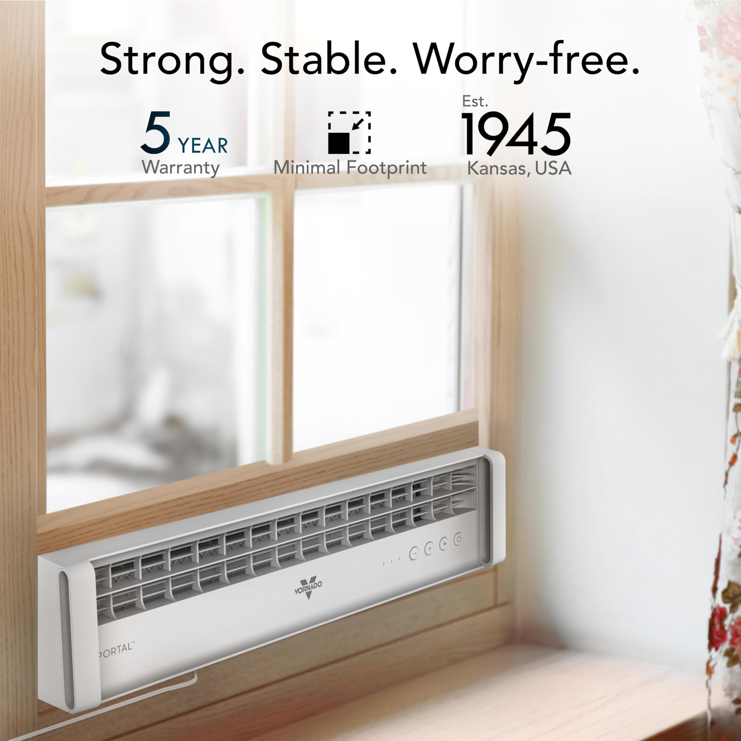 Vornado Portal window fan side profile highlights slim, low-profile fit for unobtrusive window cooling.