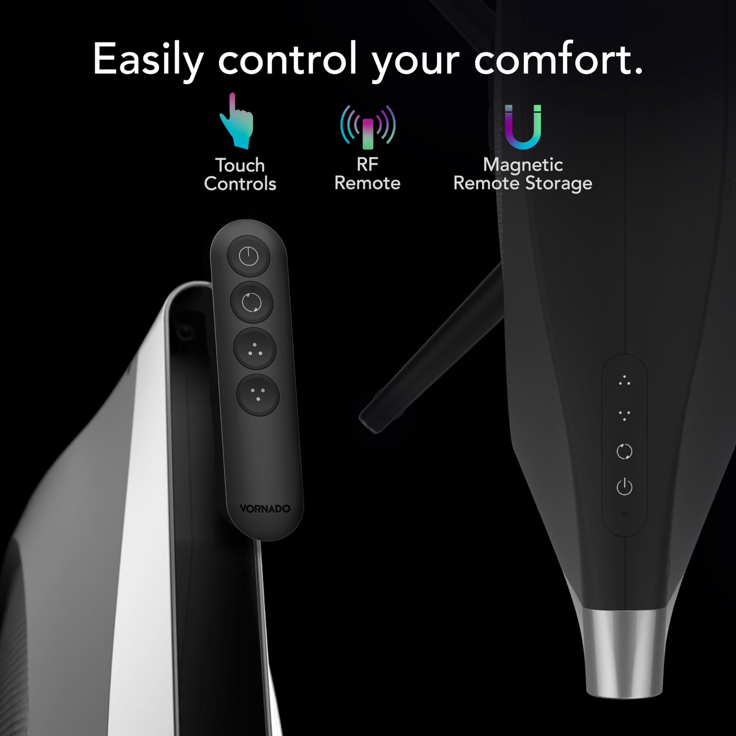 Five speeds and two oscillation modes adapt to room needs.
