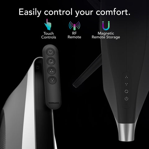 Five speeds and two oscillation modes adapt to room needs.
