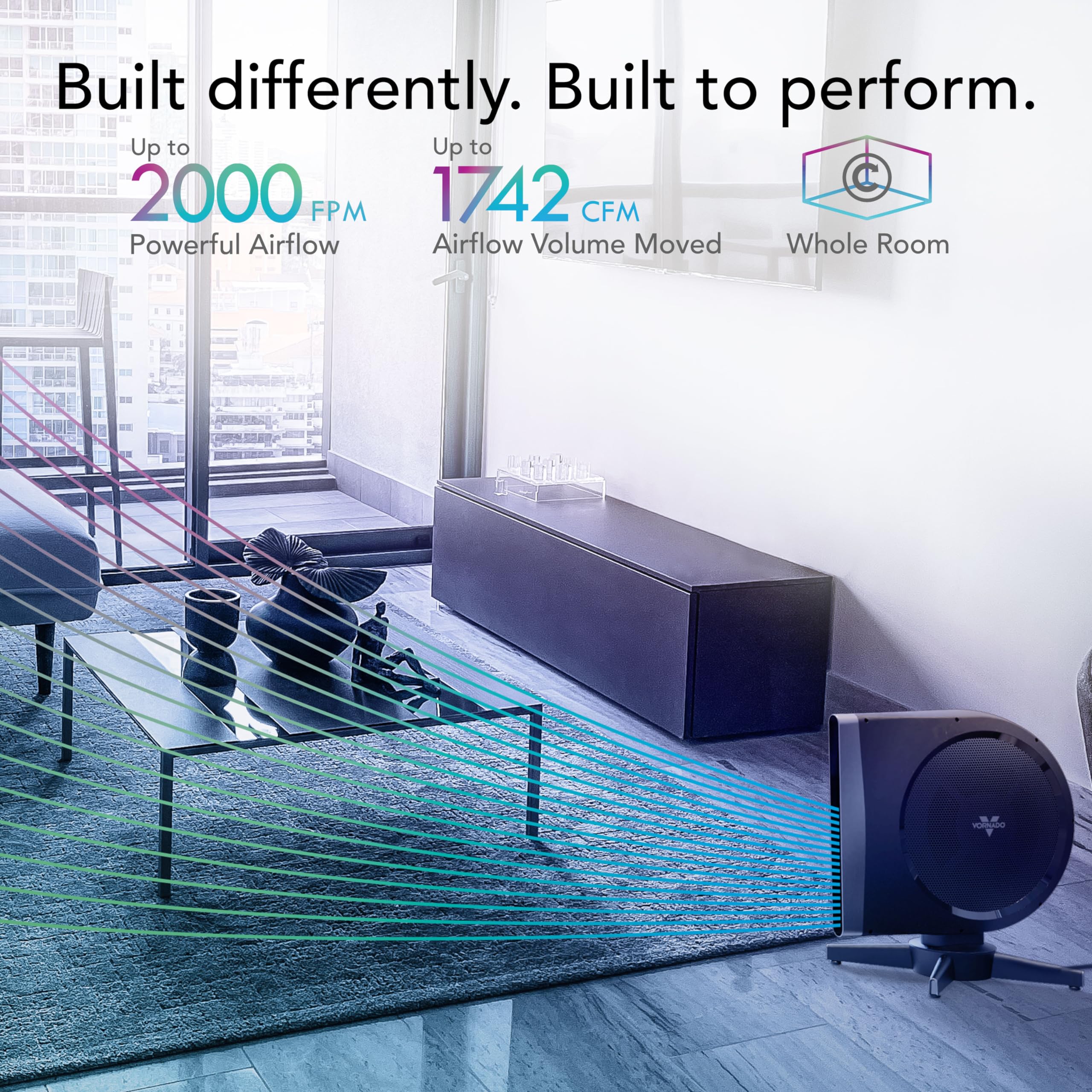 Vertical airflow technology moves air from floor to ceiling for full-room cooling.