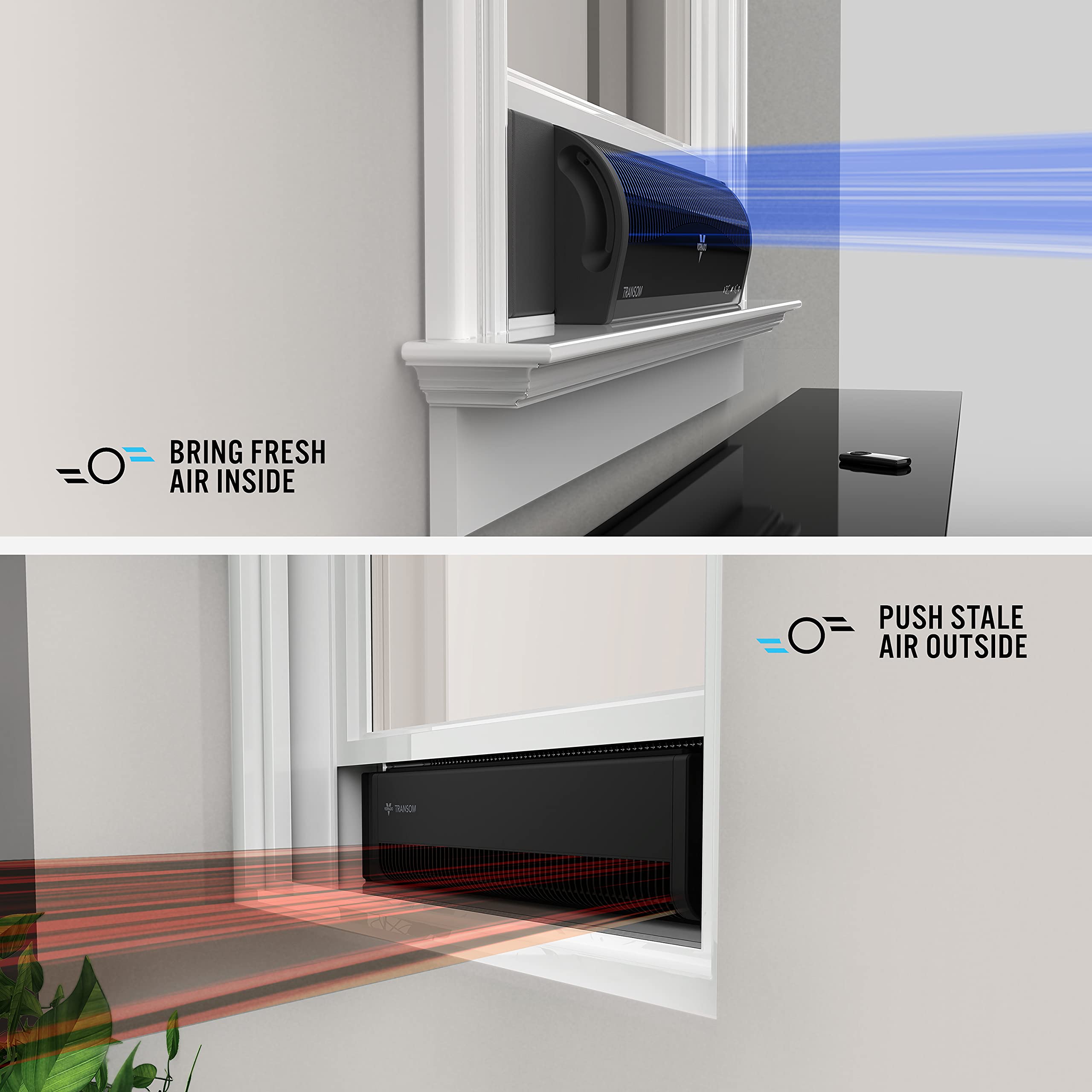 Vornado TRANSOM low-profile design fits neatly beside the window.