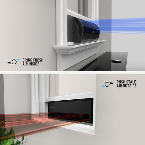 Vornado TRANSOM low-profile design fits neatly beside the window.