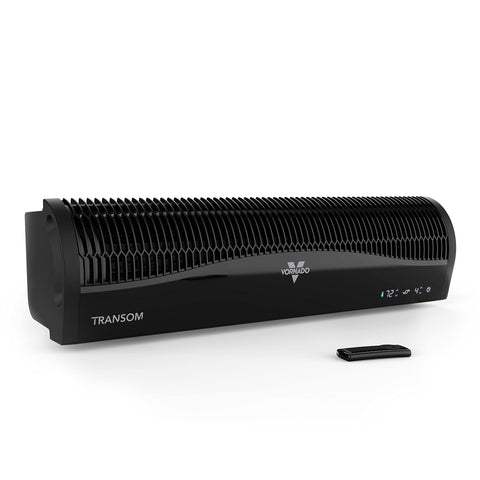 Vornado TRANSOM window fan with remote control for quick adjustments.