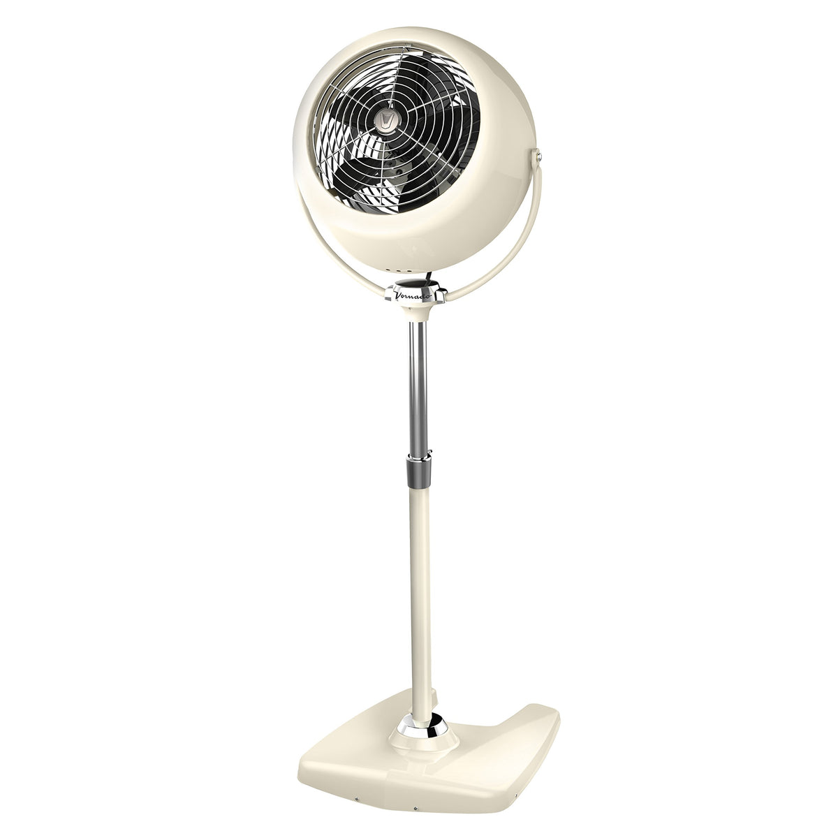 Vornado VFAN Sr pedestal front view highlights vintage metal design and tall reach for whole-room airflow.