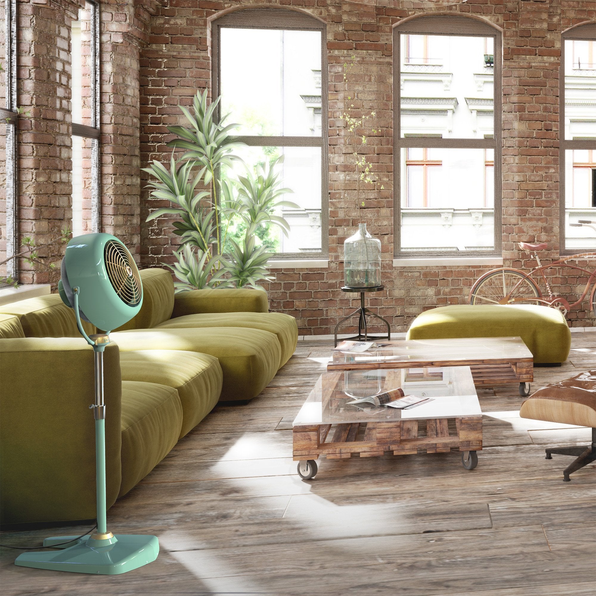Vornado VFAN Sr pedestal in green finish suits retro or modern interiors.