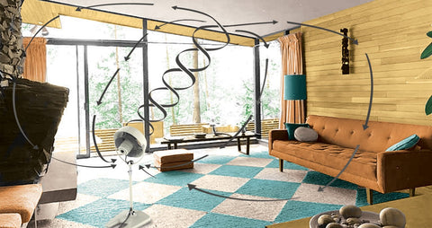 Vornado VFAN Sr pedestal in-bedroom setting illustrates retro style with powerful airflow.