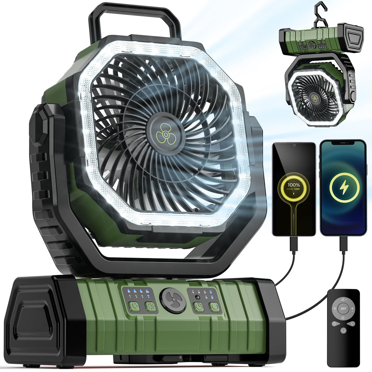 VOSFEEL camping fan with 20000mAh battery for long-lasting cooling.