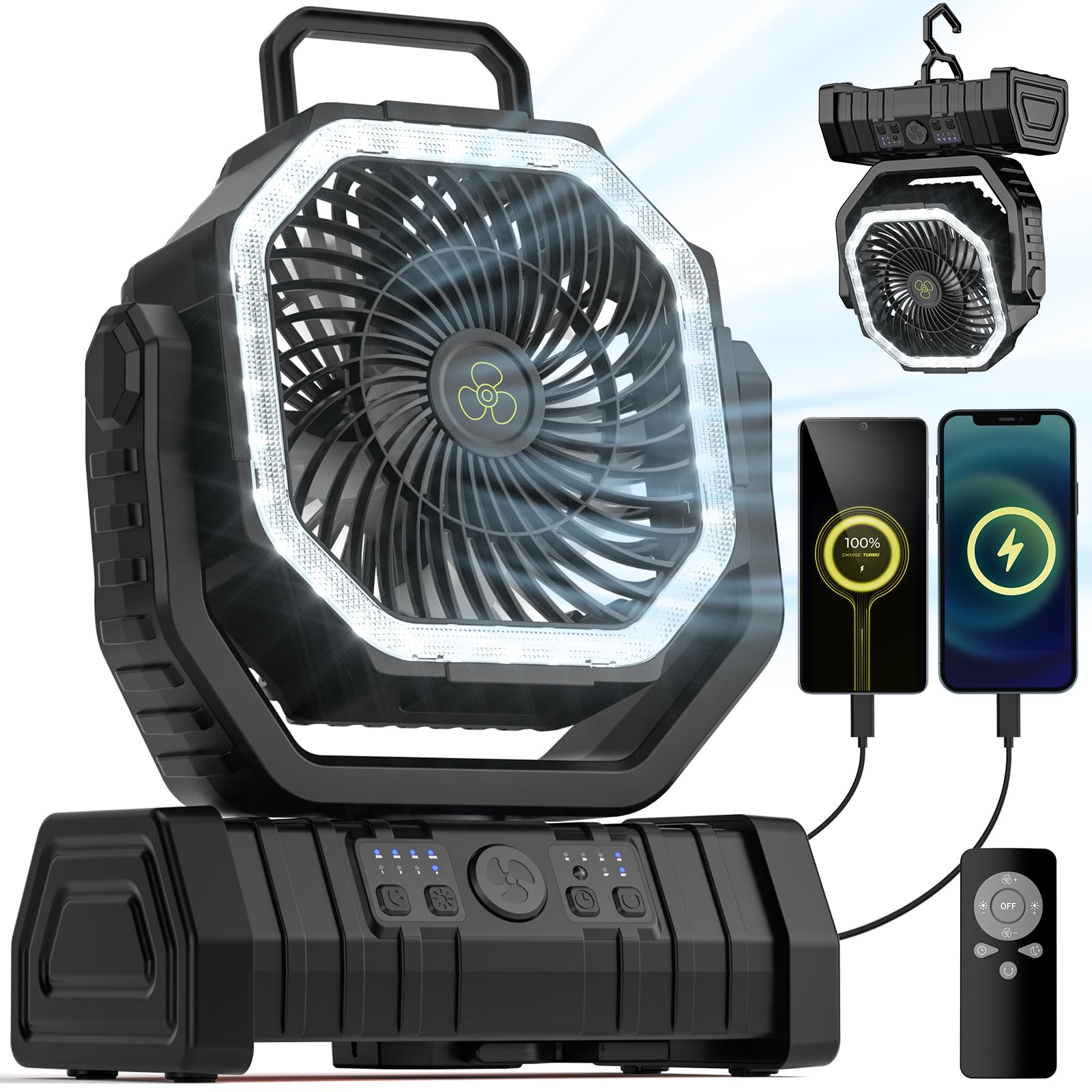 VOSFEEL camping fan with 20000mAh battery for long-lasting outdoor cooling.