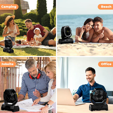 VOSFEEL camping fan supports fast charging via Type-C for devices.
