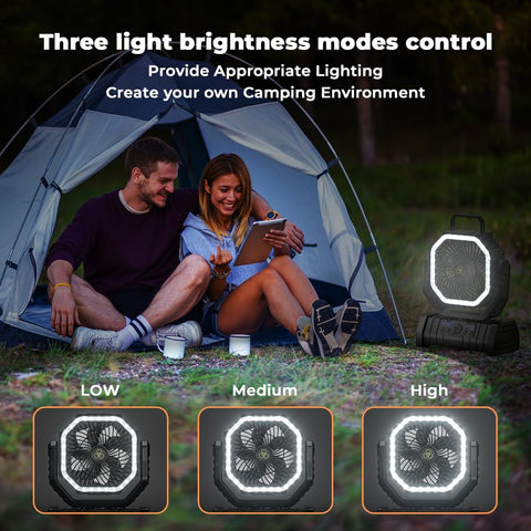 VOSFEEL camping fan with hanging hook and foldable design for tents.