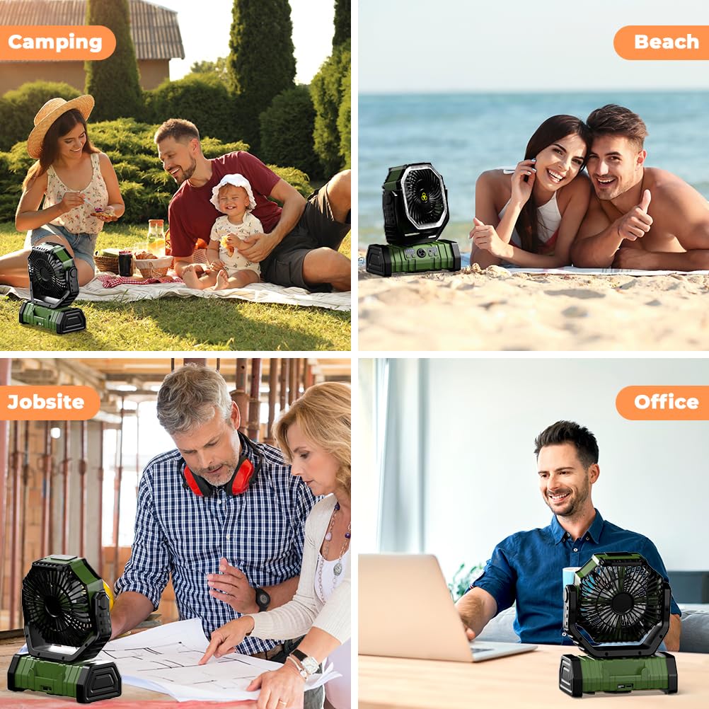 VOSFEEL camping fan dual outputs charge devices while cooling.