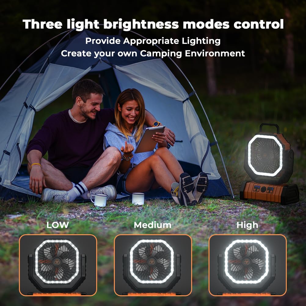 VOSFEEL portable fan with hanging hook ready to suspend in a tent