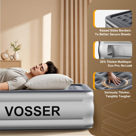 VOSSER 18-inch raised air mattress provides bed-like height for camping.