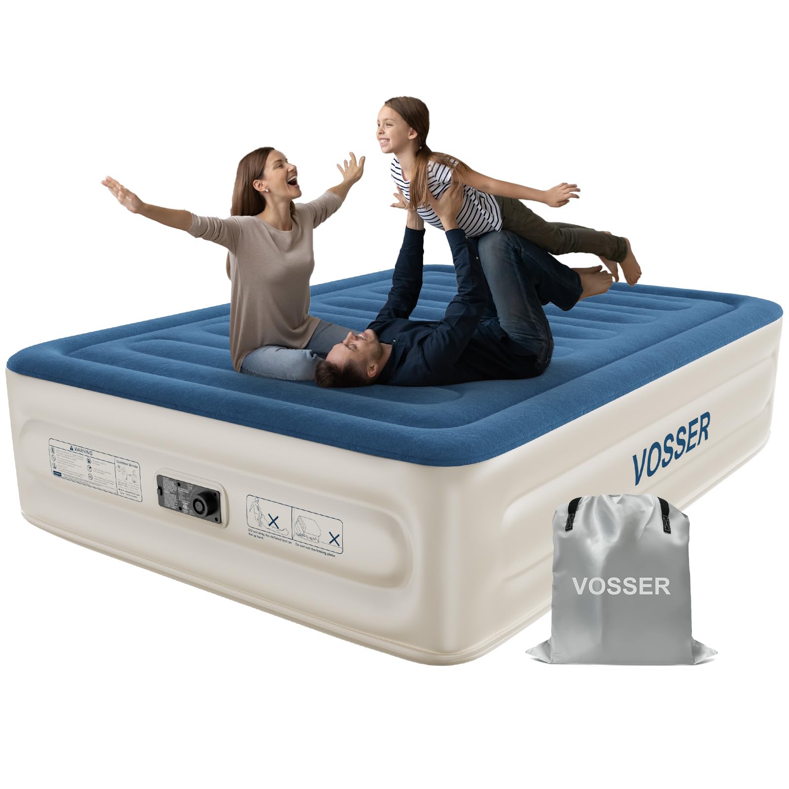 VOSSER queen air mattress with flocked top delivers plush comfort for guests.