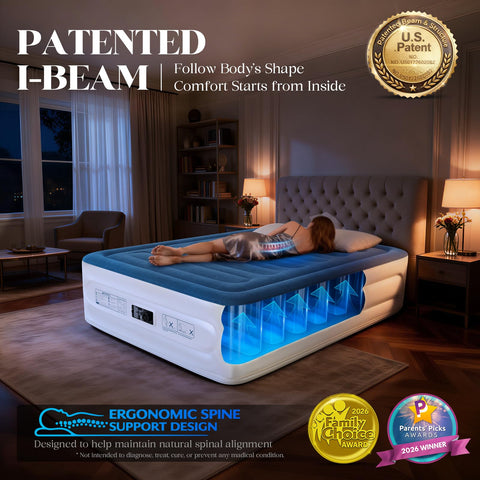 VOSSER queen air mattress patented I-beam keeps surface flat through the night.
