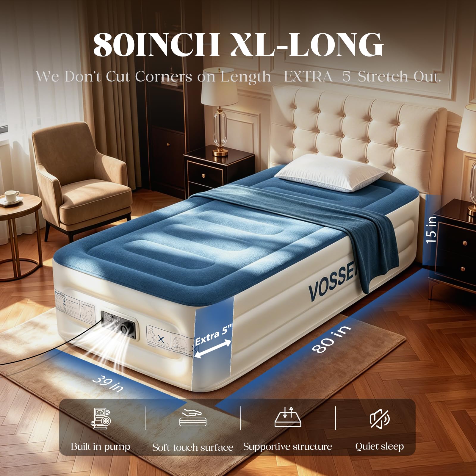 VOSSER built-in electric pump inflates fast, making overnight visits easier.
