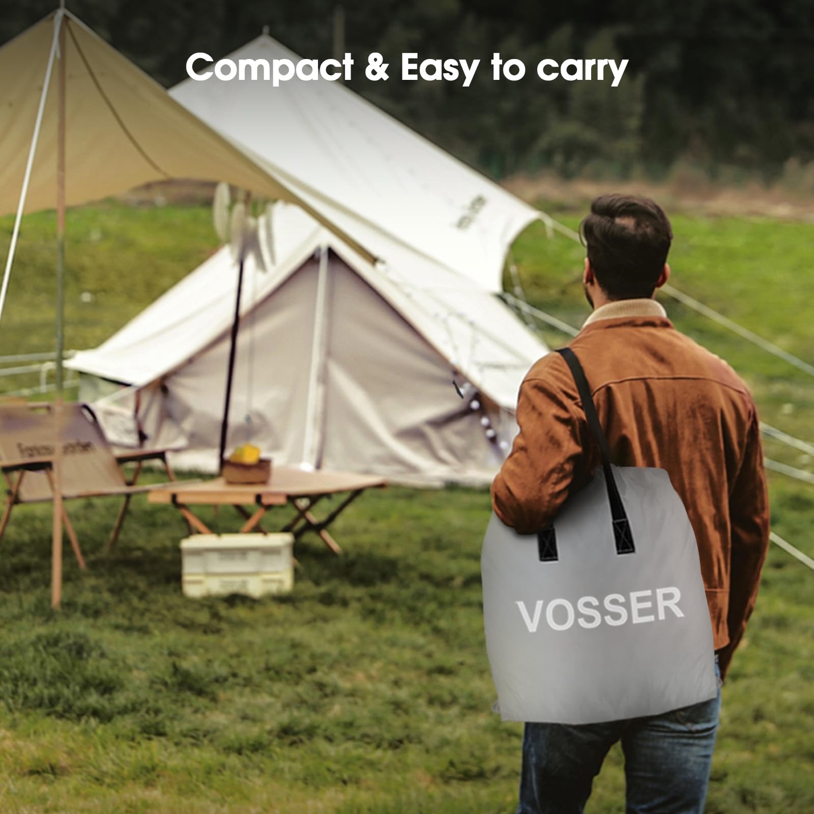 Vosser portable design ideal for home, guests, and camping setups.