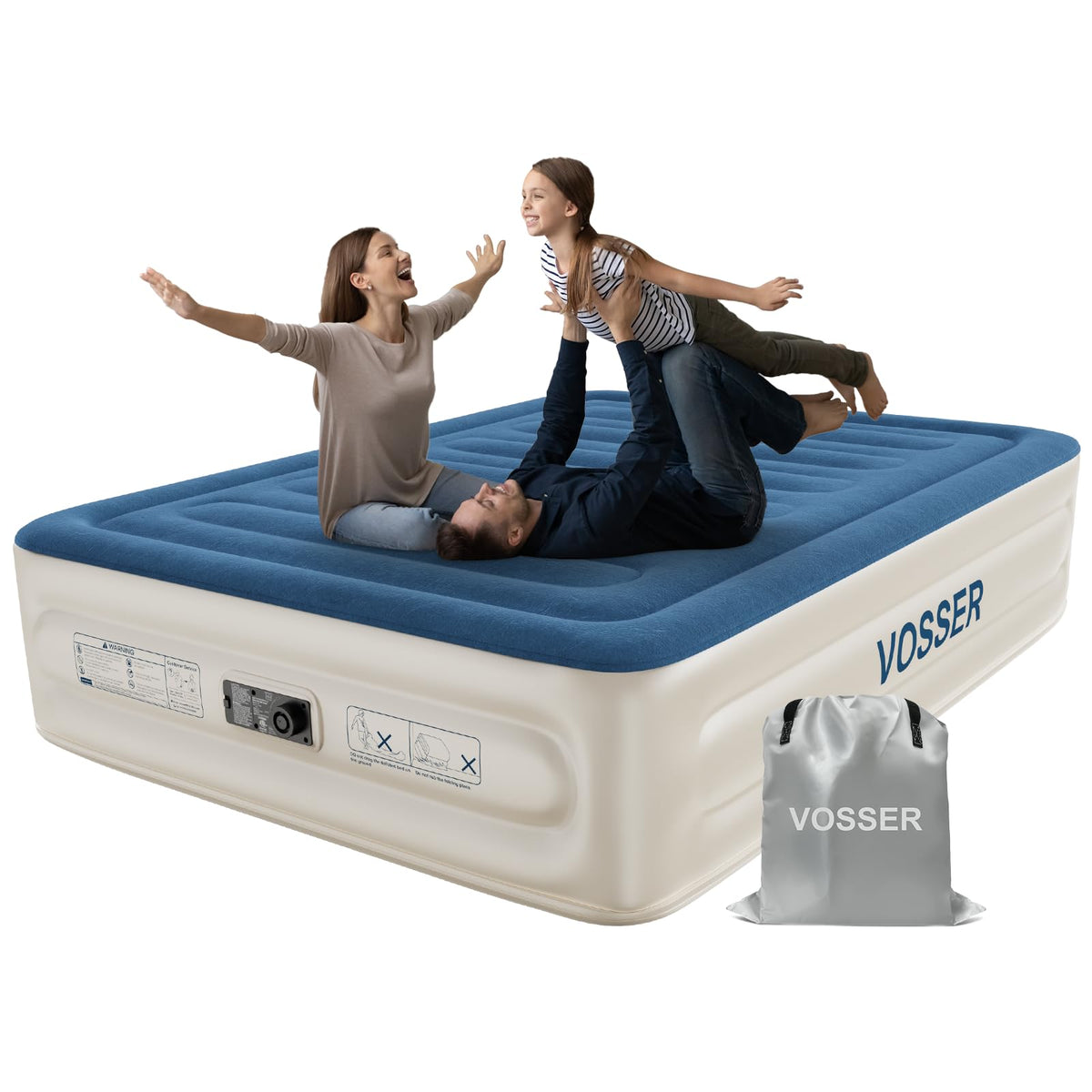 VOSSER Queen air mattress with built-in pump for quick setup