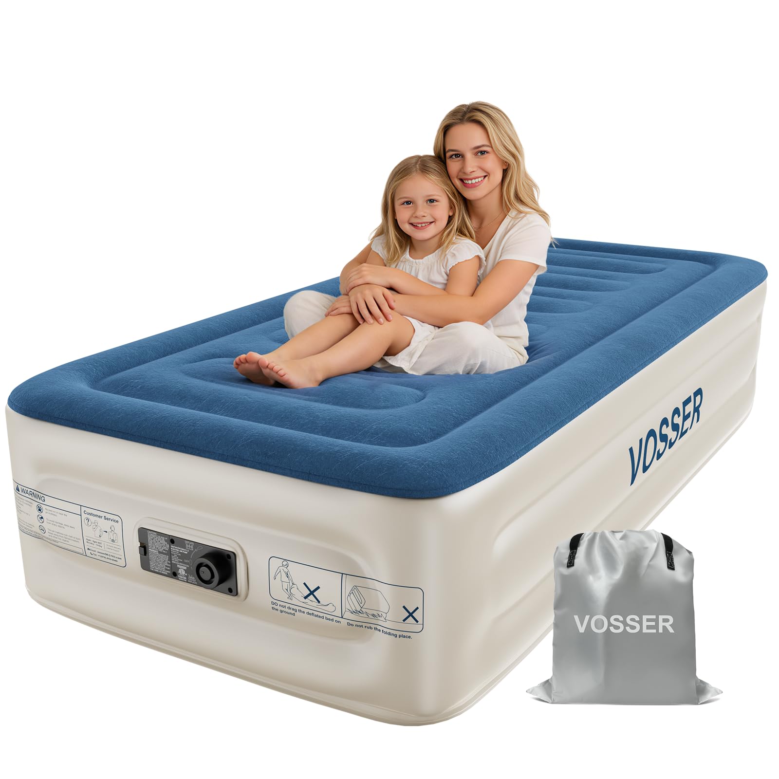 VOSSER twin air mattress with built-in pump ready for quick setup and guest comfort.