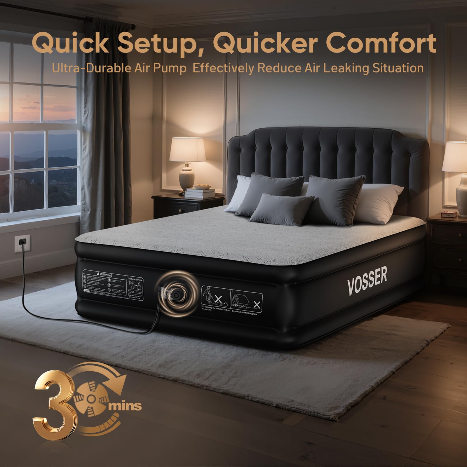 VOSSER mattress on a non-slip base staying in place on a wood floor