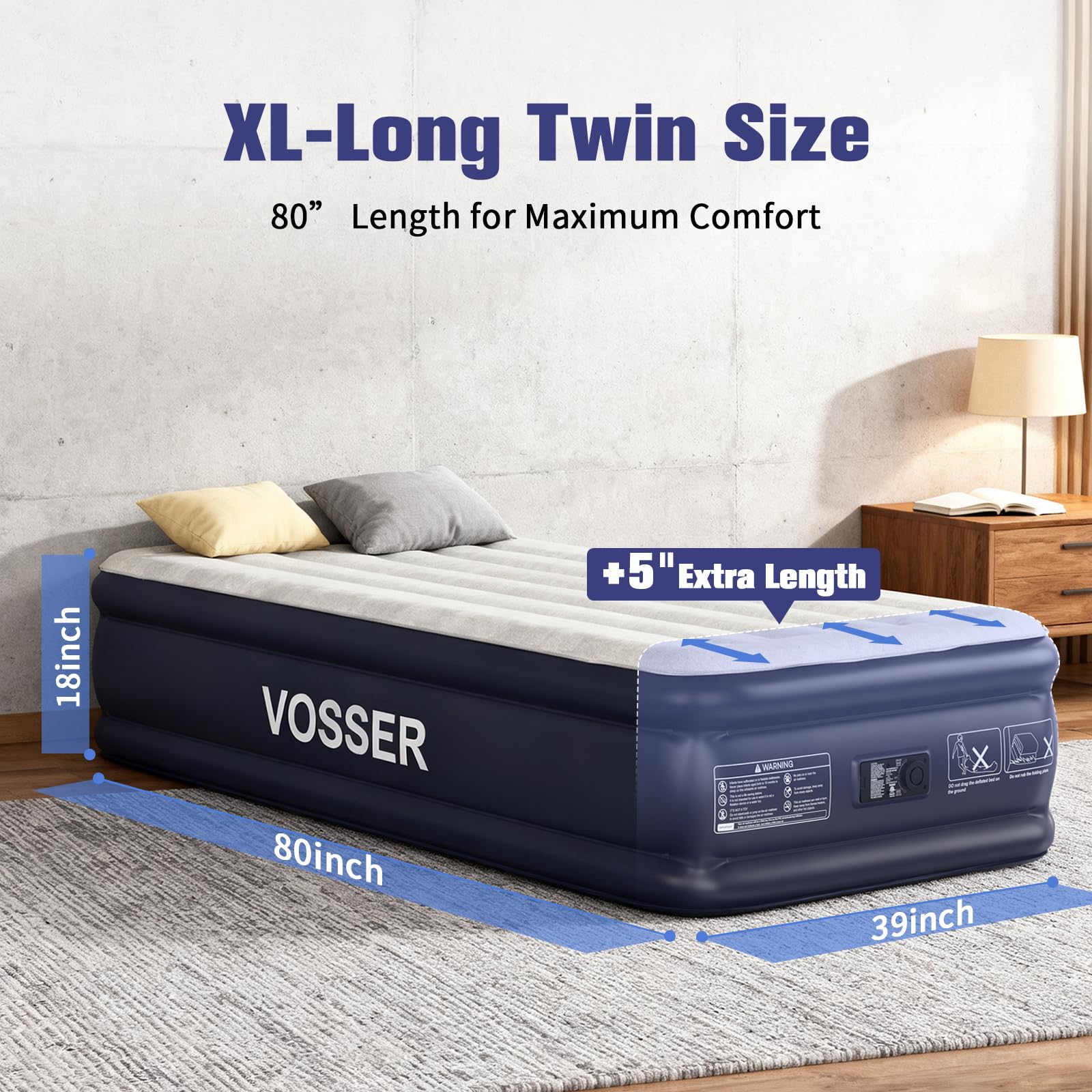 VOSSER Twin XL air mattress, 80-inch length for tall sleepers.