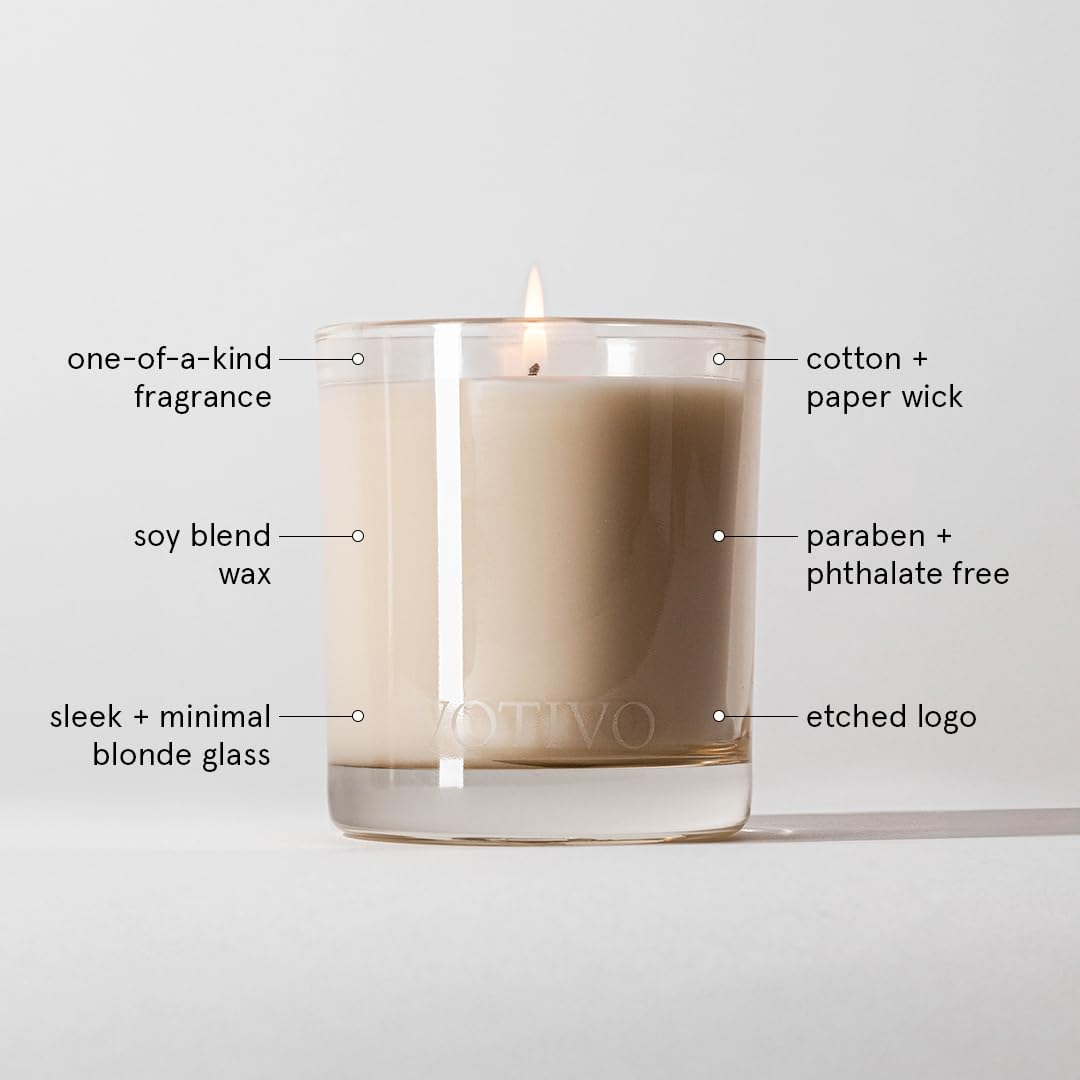 Votivo candle on a table enhances décor with warm fragrance.