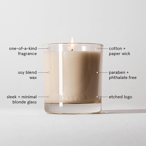 Votivo candle on a table enhances décor with warm fragrance.