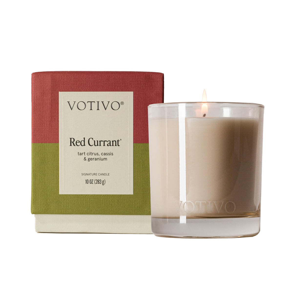 Votivo Red Currant 10oz candle in glass jar for long-lasting fragrance.