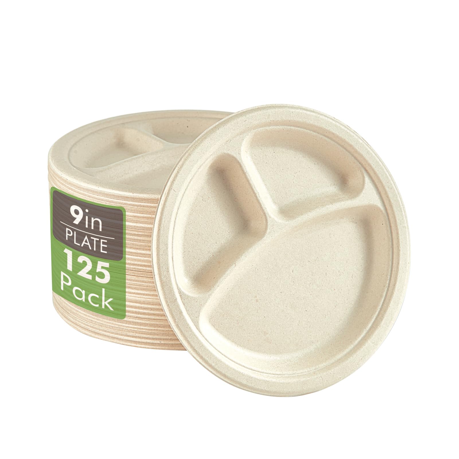 Vplus bagasse plates 9inch 3compartment, sturdy eco friendly option for meals