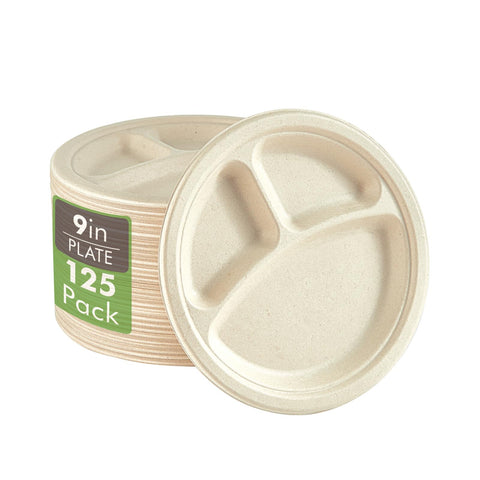 Vplus bagasse plates 9inch 3compartment, sturdy eco friendly option for meals