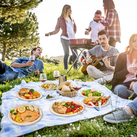 Outdoor picnic table setup with Vplus plates for BBQ parties