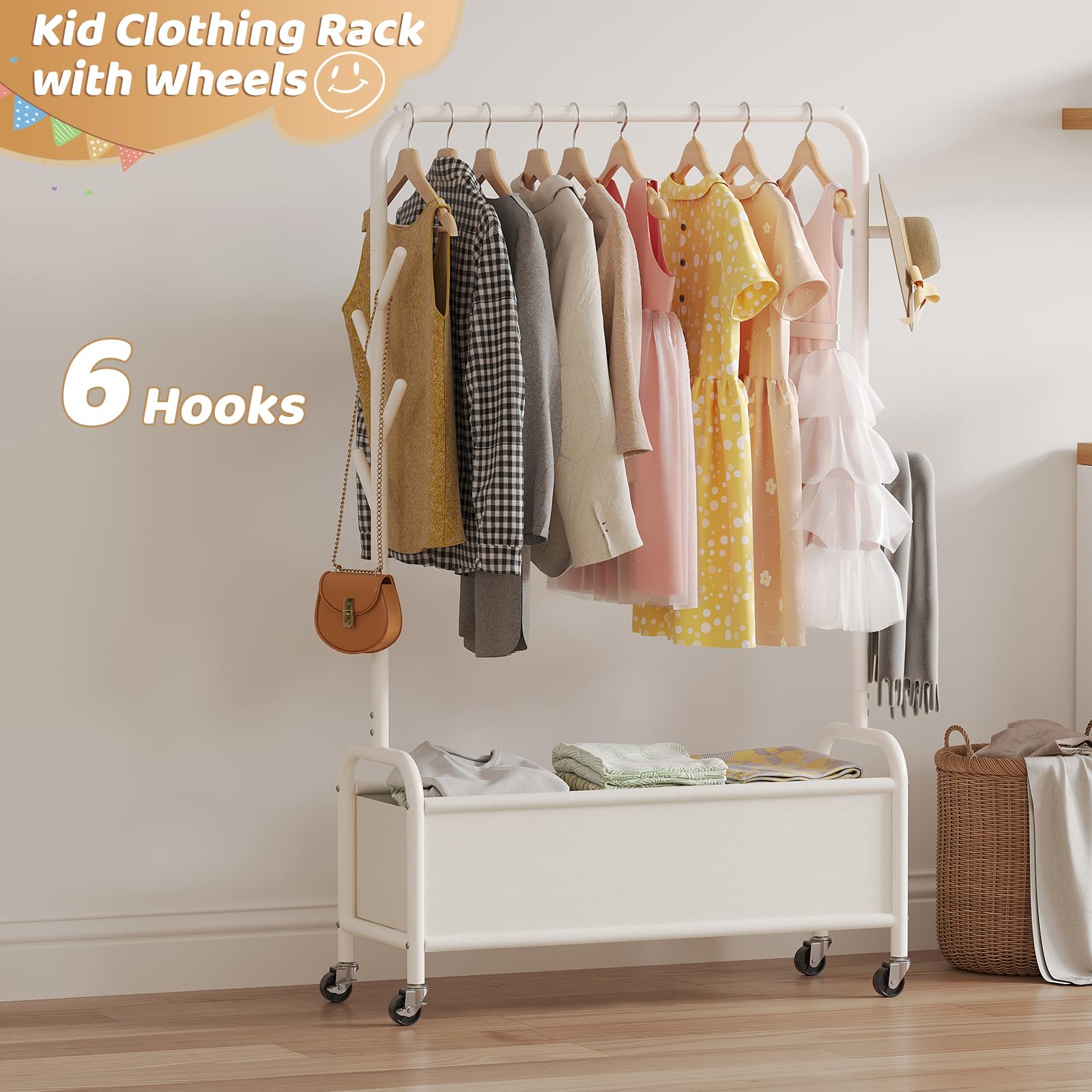 Vriccc dress-up rack with hanging rod and six hooks for outfits.