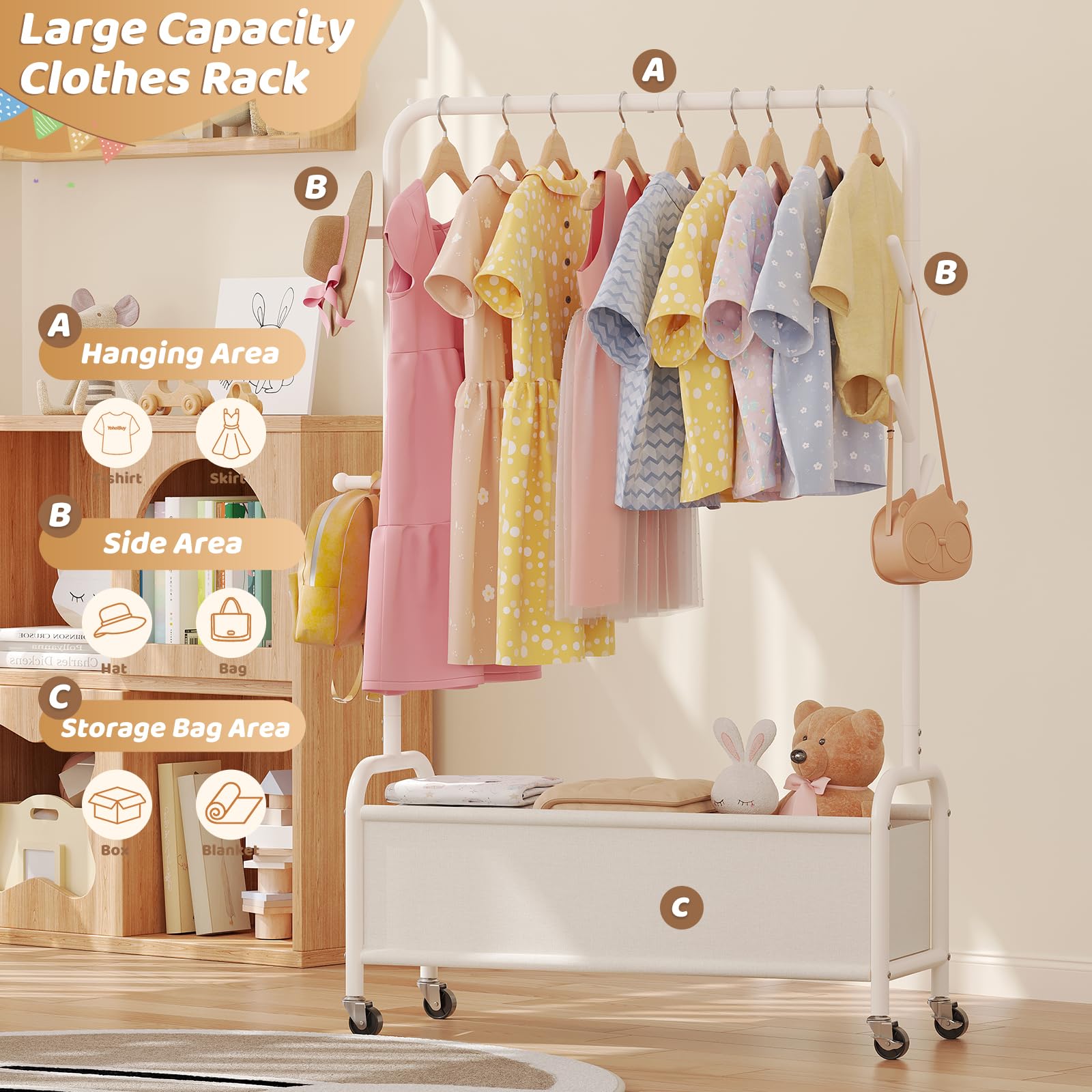Vriccc kids clothing rack front view showing sturdy frame and bottom basket.