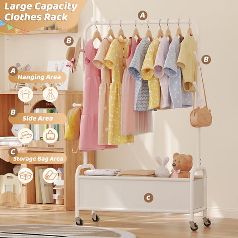 Vriccc kids clothing rack front view showing sturdy frame and bottom basket.