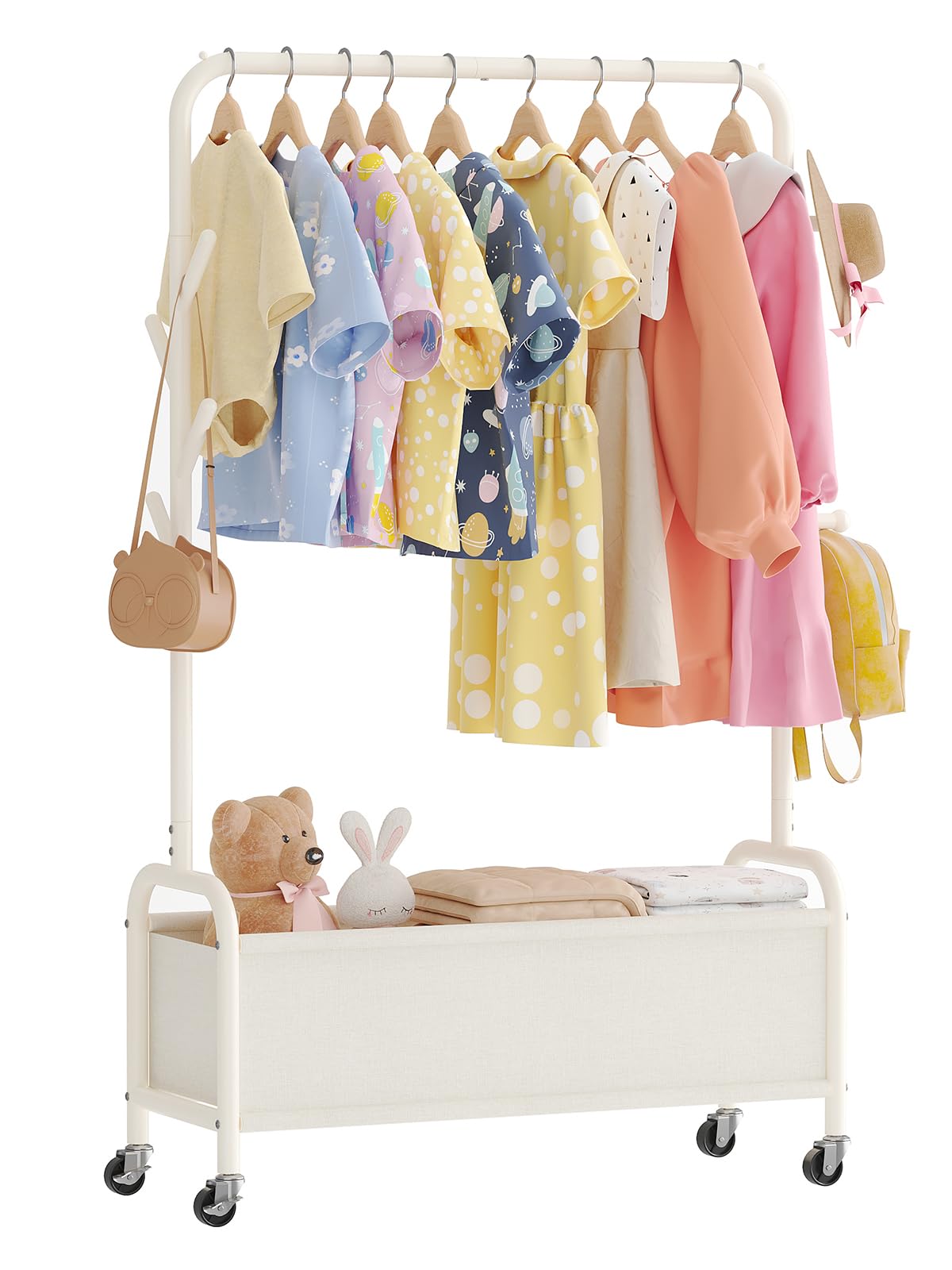 Vriccc kids clothing rack side view with storage box for easy access and organization.