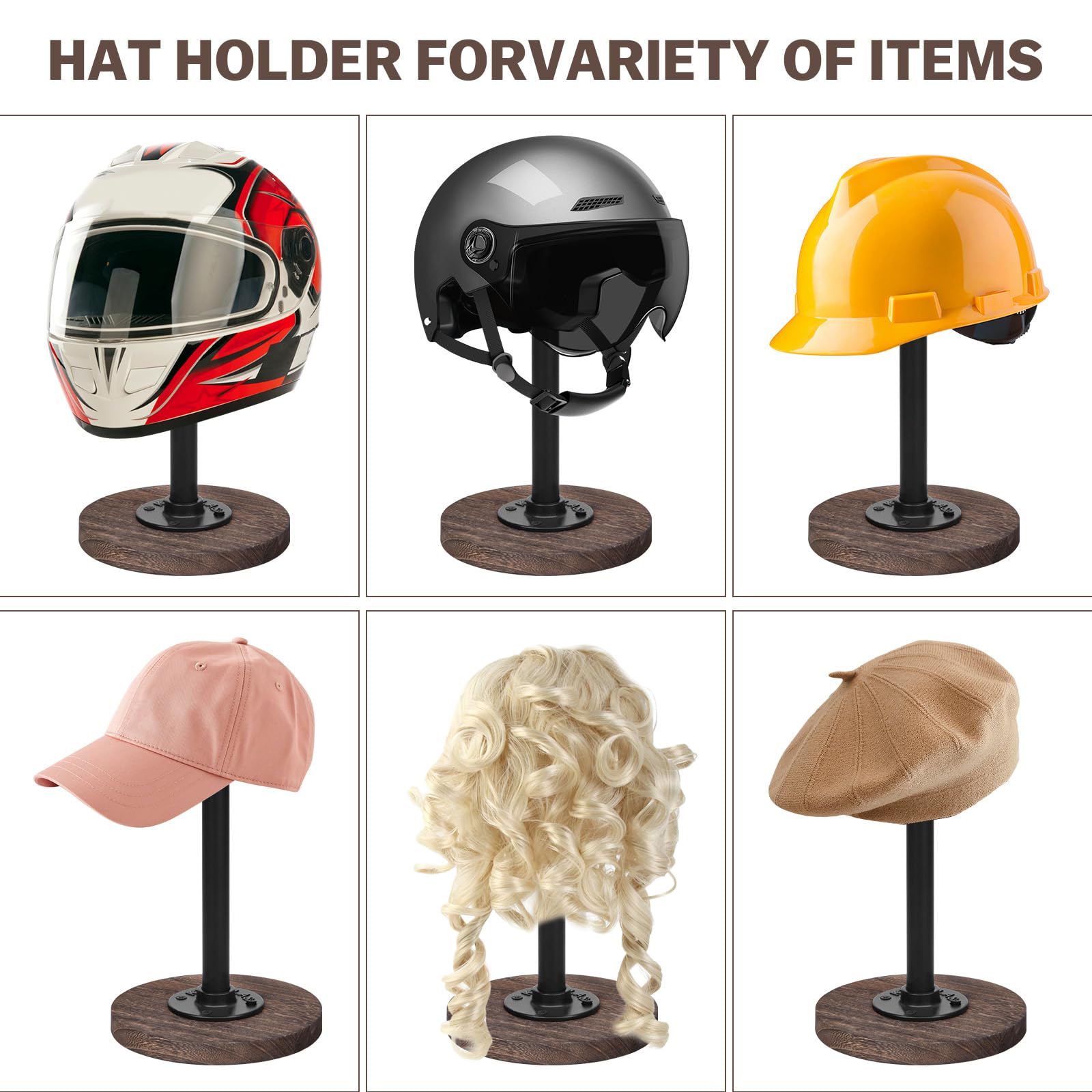 Vrietina table-top stand at height 17-5 inches for taller wigs and hats.